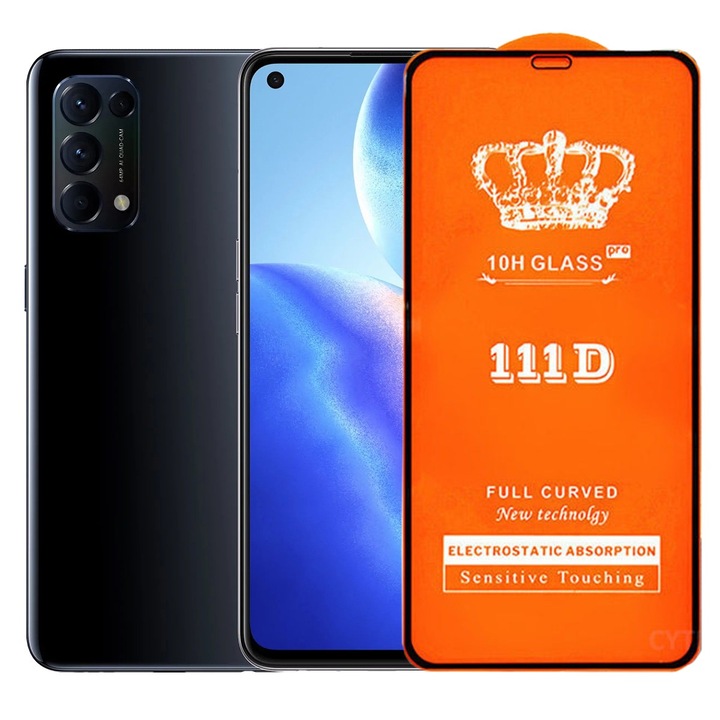 Folie Securizata pentru Oppo Reno 5, 5G, Leski, Sticla de Protectie Compatibila cu Oppo Reno 5, 5G, Full Cover 111D, 10H GLASS, Margini Negre, Transparenta