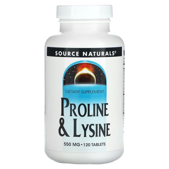 Supliment alimentar Source Naturals, Prolina si L-lizina, 550 mg, 120 tablete, vegetarian