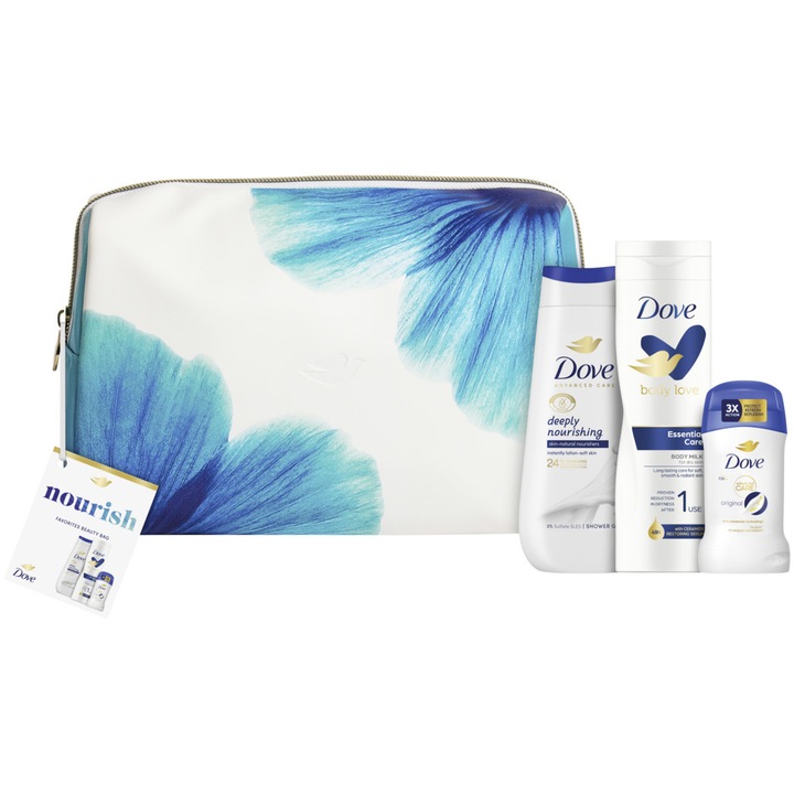 Dove Nourish ajándékszett: Mélyen tápláló tusfürdő, 225ml + Dove Essential testápoló, 250ml + Dove Original stift, 50ml