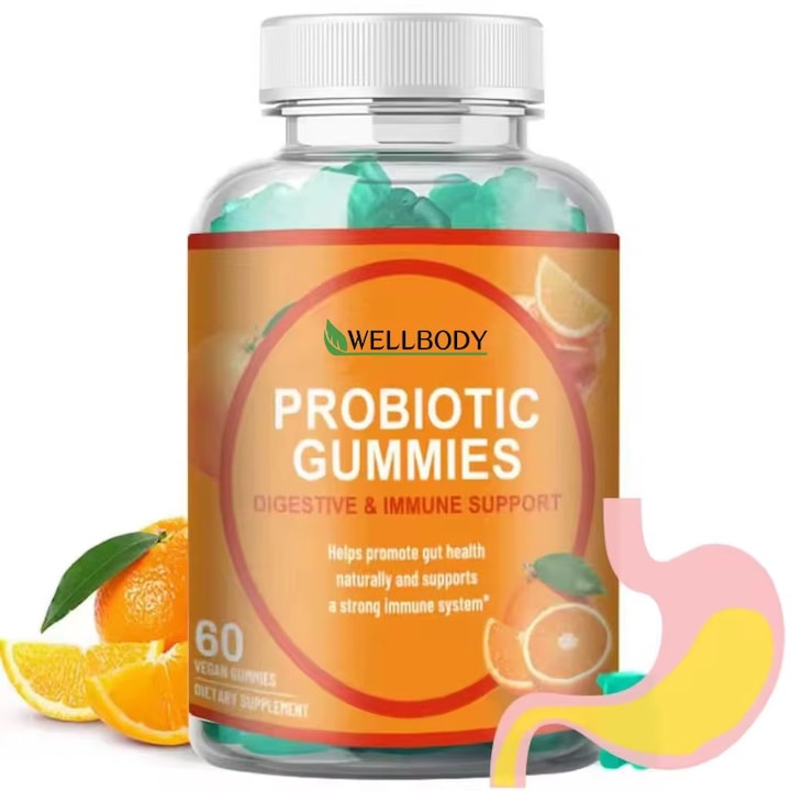 Gummies Probiotice WellBody – Suport Digestiv si Imunitar, Sanatate Intestinala, 60 Gummies Vegane, Flora Intestinala Sanatoasa, Supliment Alimentar cu Aroma Naturala de Portocala
