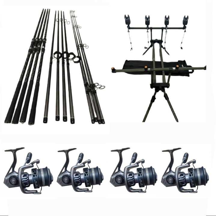 Set 4 Lansete Carbon 3, 90m, 3 Segm, 4 Mulinete Line Winder Tambur 12.000 Metalic, Long Cast, 7 Rulmenti, Rod Pod Echipat+ 4 Role Fir 0, 30 mm x 500 metri