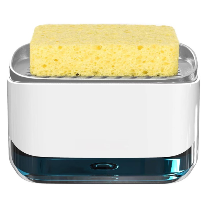 Adagoló, GermaNova™ 2 az 1-ben folyékony mosogatószer adagoló szivacstartóval és szivacsvíztartállyal, Műanyag, 350 ml, 6000 használat, Fehér