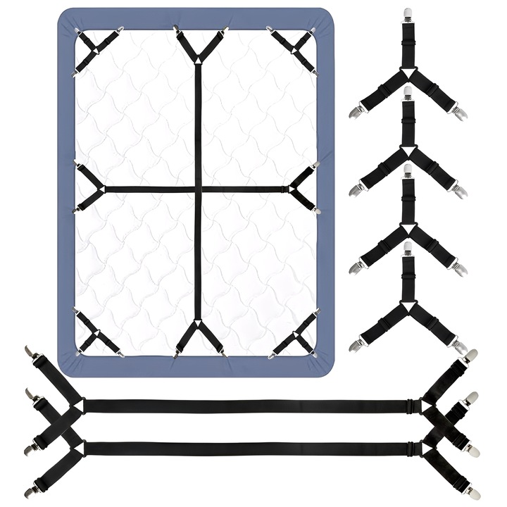 Set de benzi elastice 6 piese, TREXORA, cu clips metalici, ajustabile, 7-30cm/70-280cm, negru