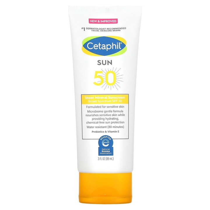 Crema solara minerala Cetaphil, SPF 50, 89 ml, rezistenta la apa, formula delicata pentru piele sensibila