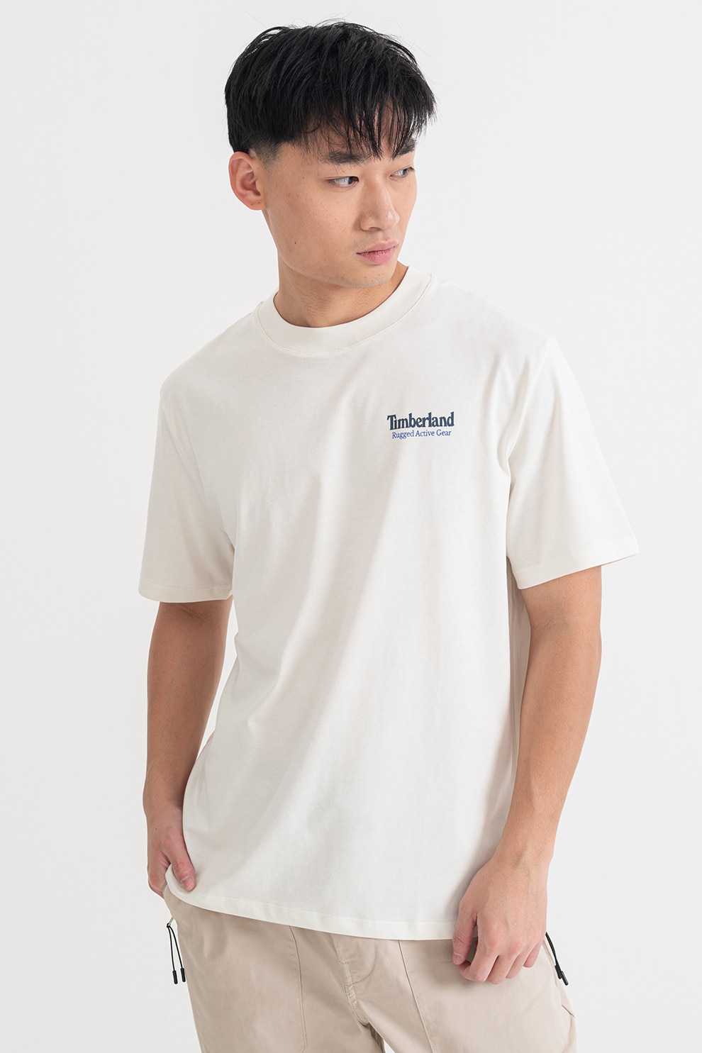 Timberland, Tricou de bumbac cu decolteu la baza gatului si logo, Alb fildes, Bleumarin, L