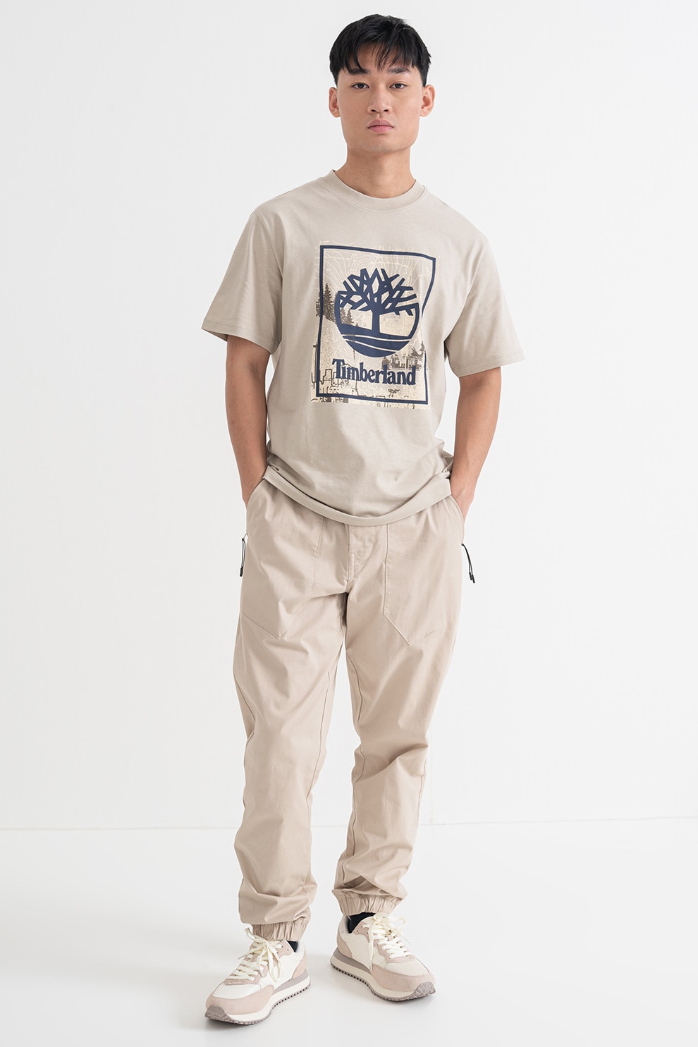 Timberland, Tricou cu imprimeu grafic si logo, Maro taupe deschis, Bleumarin, L