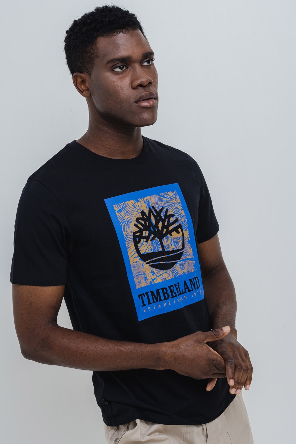 Timberland, Tricou cu decolteu la baza gatului si imprimeu contrastant, Negru, Albastru, L