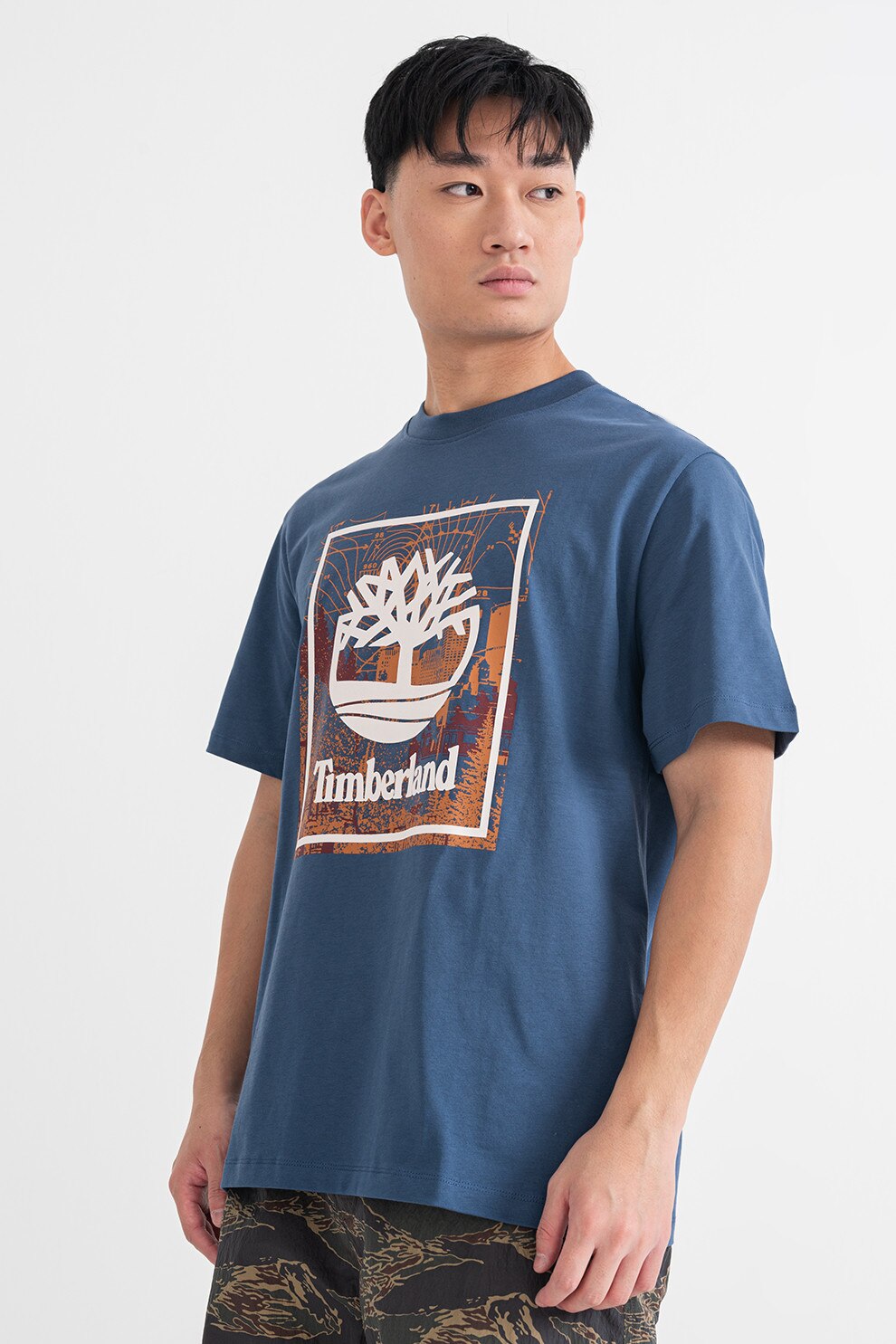 Timberland, Tricou cu imprimeu grafic si logo, Alb, Albastru inchis, Portocaliu stins, L