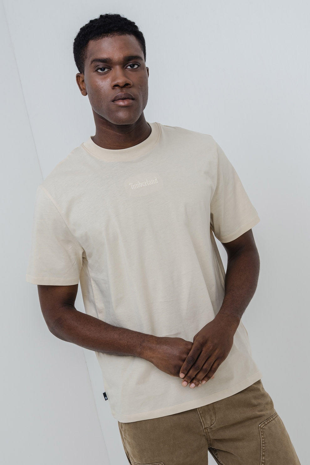 Timberland, Tricou de bumbac cu logo brodat, Bej deschis, L
