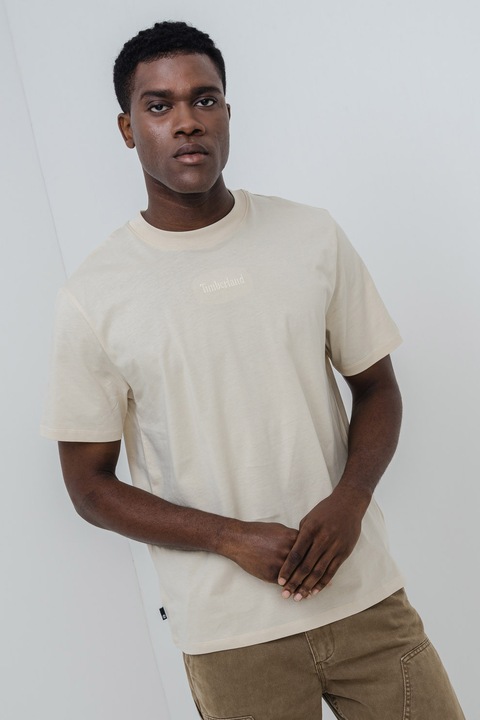 Timberland, Tricou de bumbac cu logo brodat, Bej deschis