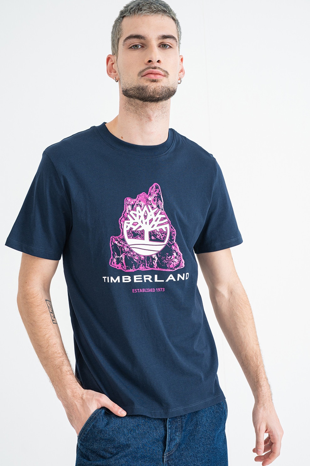 Timberland, Tricou din bumbac cu logo Seasonal Tree, Roz, Bleumarin, L