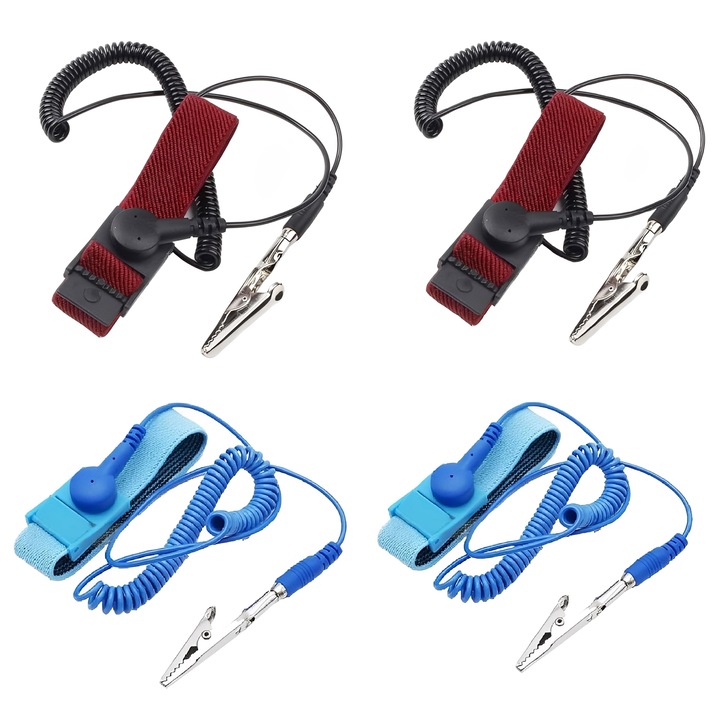 Комплект от 4 антистатични гривни, TREXORA, с кабел, регулируеми, PVC, син и червен