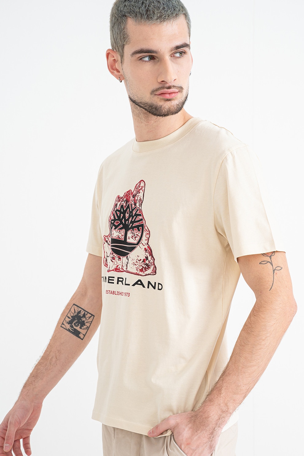 Timberland, Tricou din bumbac cu logo Seasonal Tree, Rosu, Bej, 2XL