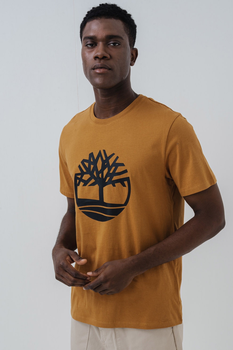 Timberland, Tricou de bumbac cu imprimeu logo, Negru, Caramel, M