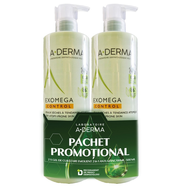 Комплект Измиващ гел 2 в 1 Exomega Control A-Derma, Суха кожа, атопична 500 мл x 2