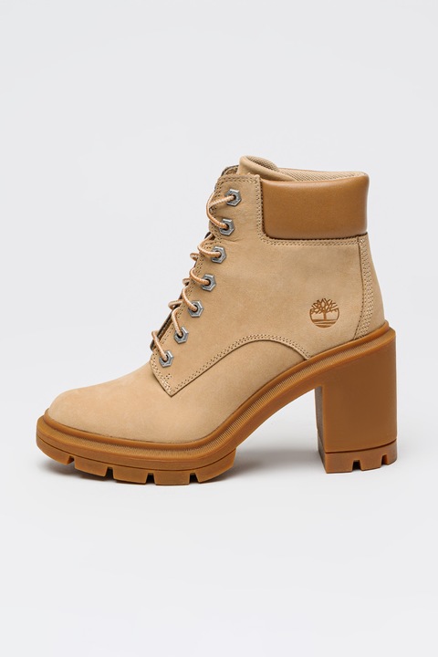 Timberland, Botine de piele cu sireturi si toc masiv Allington, Maro nisip
