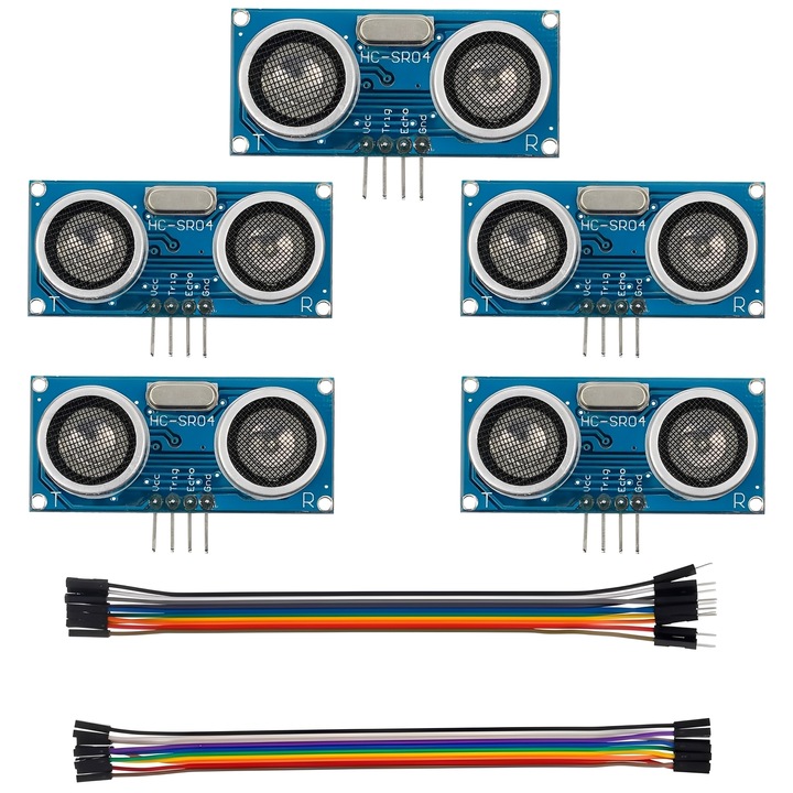 Set 7 senzori ultrasonici HC-SR04, TREXORA, precizie inalta, consum redus de energie, 10cm cabluri Dupont, 45x20x15mm, multicolor