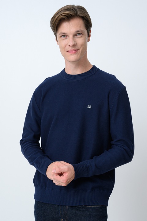 United Colors of Benetton, Bő fazonú pamuttartalmú pulóver bordázott szegélyekkel, Tengerészkék