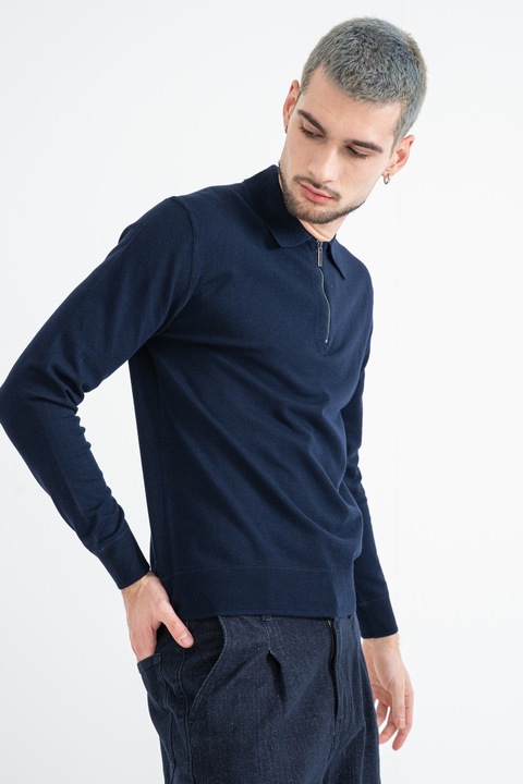 United Colors of Benetton, Pulover slim fit cu guler polo cu fermoar, Bleumarin