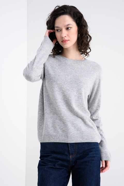 United Colors of Benetton, Pulover din amestec de lana cu decolteu la baza gatului, Gri deschis melange