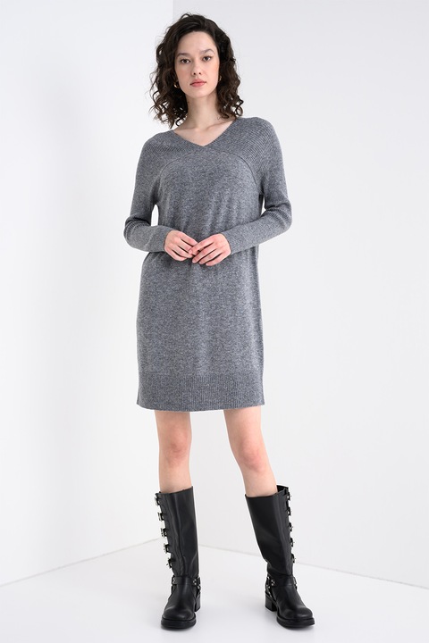 United Colors of Benetton, Rochie midi din amestec de lana cu decolteu in V, Gri melange, XL