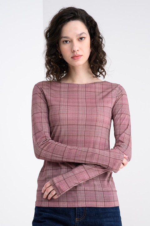 United Colors of Benetton, Bluza cu model in carouri si decolteu barcuta, Violet tyrian, XS