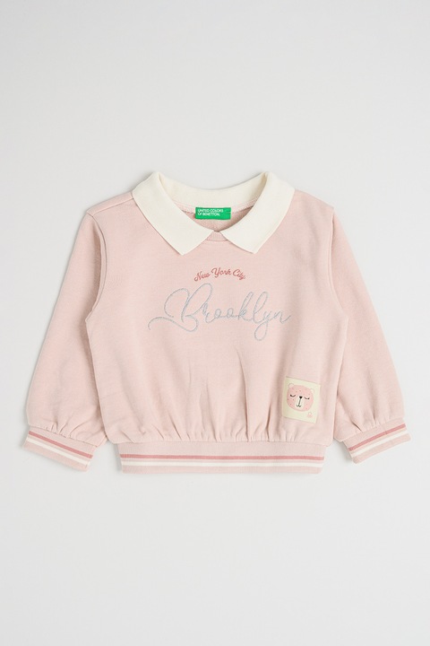 United Colors of Benetton, Памучен суитшърт с бродиран надпис, Прашно розово