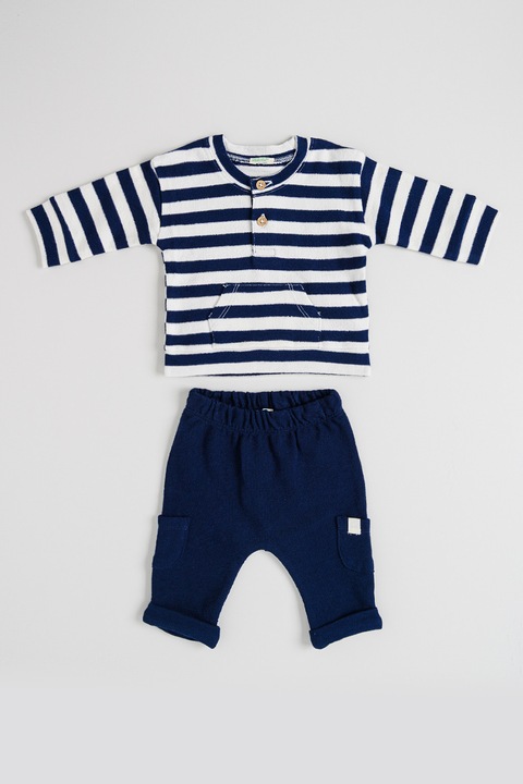 United Colors of Benetton, Set de bluza si pantaloni de trening striate cu model in dungi, Alb/Bleumarin