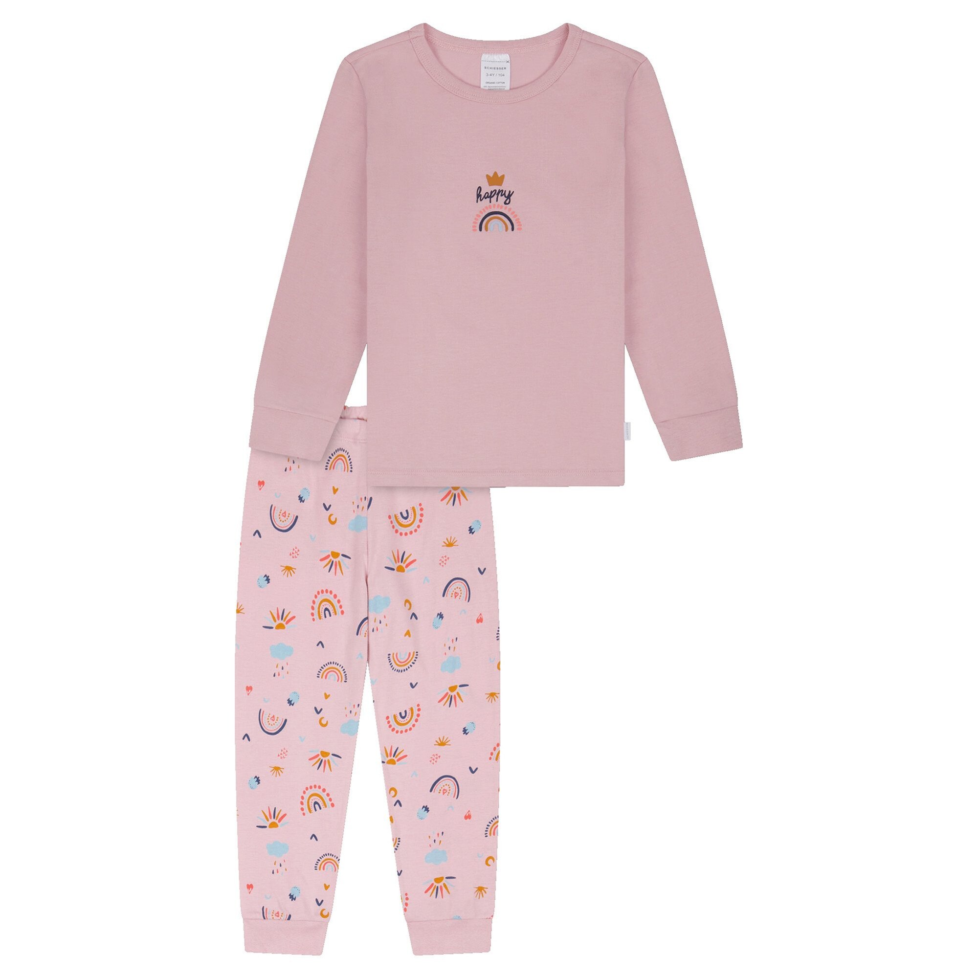 Schiesser, Pijama cu decolteu la baza gatului si pantaloni cu imprimeu, Roz pastel, 104 CM