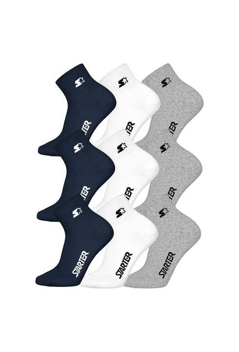 Starter, Set de sosete scurte unisex cu logo - 9 perechi, Alb/Gri/Albastru inchis