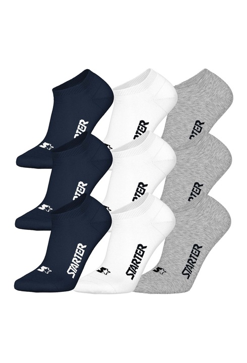 Schiesser, Set de sosete scurte unisex cu logo - 9 perechi, Alb/Gri/Albastru inchis