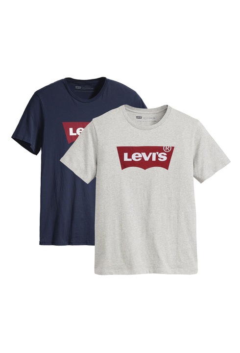 Levi's, Set de tricouri cu decolteu la baza gatului si imprimeu logo - 2 piese, Gri/Albastru