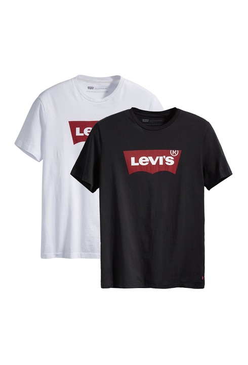 Levi's, Set de tricouri cu decolteu la baza gatului si imprimeu logo - 2 piese, Alb/Negru