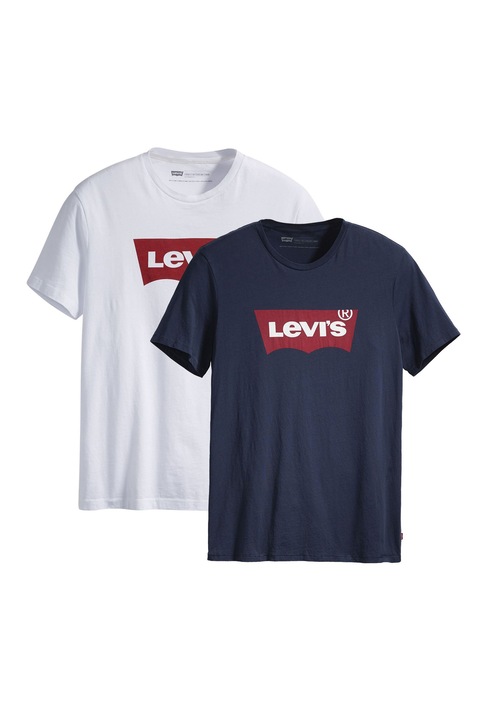 Levi's, Set de tricouri cu decolteu la baza gatului si imprimeu logo - 2 piese, Alb/Albastru