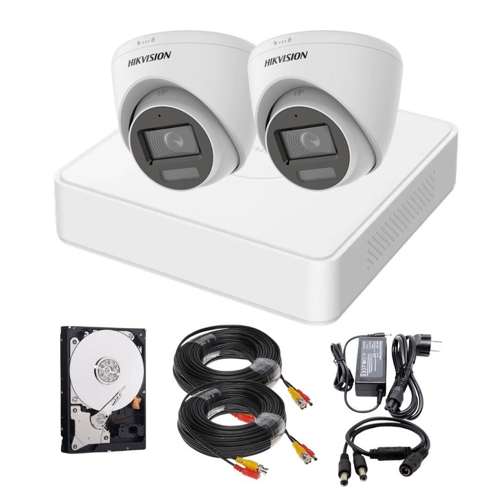 Sistem supraveghere Hikvision, 2 camere, 2MP, Dual Light, IR 40m, WL 20m, Microfon, DVR 4 canale, Hard 500GB, Accesorii incluse
