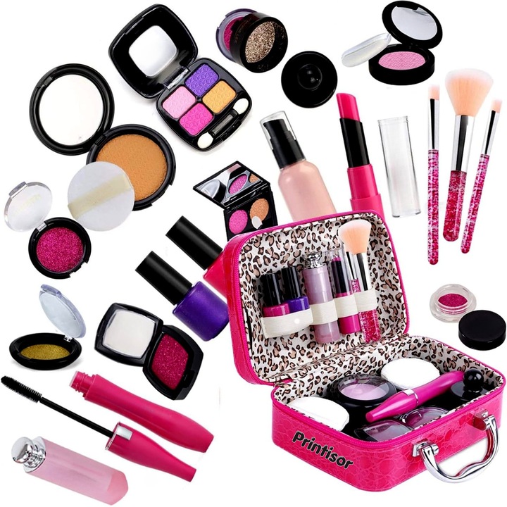 Trusa de machiaj pentru copii, FARA SUBSTANTE COSMETICE, Set Make-Up complet, cu 21 de elemente pentru make-up, rujuri, farduri, oja, design inedit, geanta cu maner pentru transport, pentru fetite de 3, 4, 5, 6, 7, 8, 9 ani, non-toxic