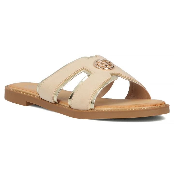 Papuci Dama Eleganti, Fara Toc, Slip-On, Comode, Bej Cu Auriu, Filippo, Bej, 38