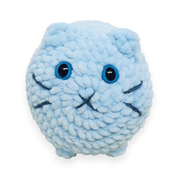 Jucarie pisica pastel bleo crosetata din fir de plus, Mirinka, realizata manual, 12 cm