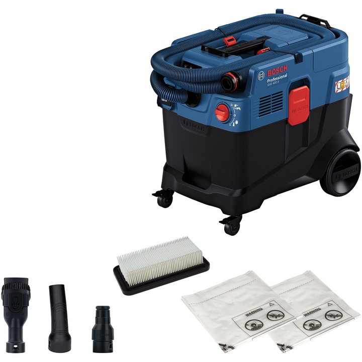 Aspirator industrial umed/uscat Bosch Professional GAS 400 A, putere 1200 W, rezervor 28 l, volum net apa in rezervor 20 l, clasa praf L, flux aer 71.5 l/s, sistem AFC de curatare al filtrului