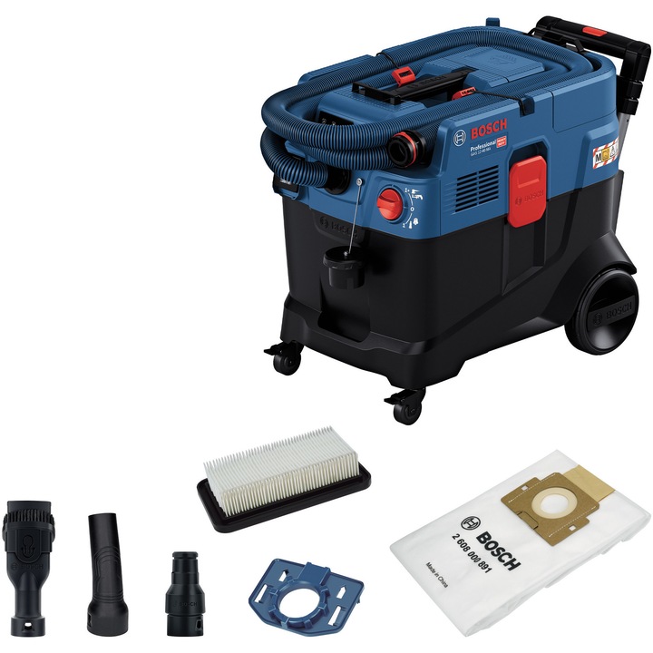 Aspirator industrial umed/uscat Bosch Professional GAS 12-40 MA, putere 1200 W, rezervor 28 l, volum net apa in rezervor 20 l, clasa praf M, flux aer 71.5 l/s, sistem AFC de curatare al filtrului