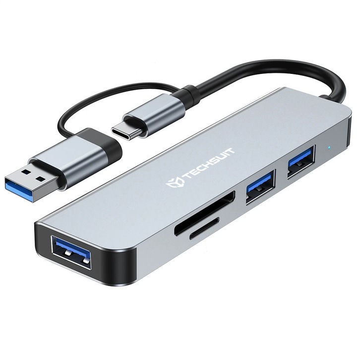 Хъб Multiport, USB, Type-C към USB 3.0, 2x USB 2.0, SD/TF Карта - Techsuit DataBridge 5 в 1 (H7) - Сив