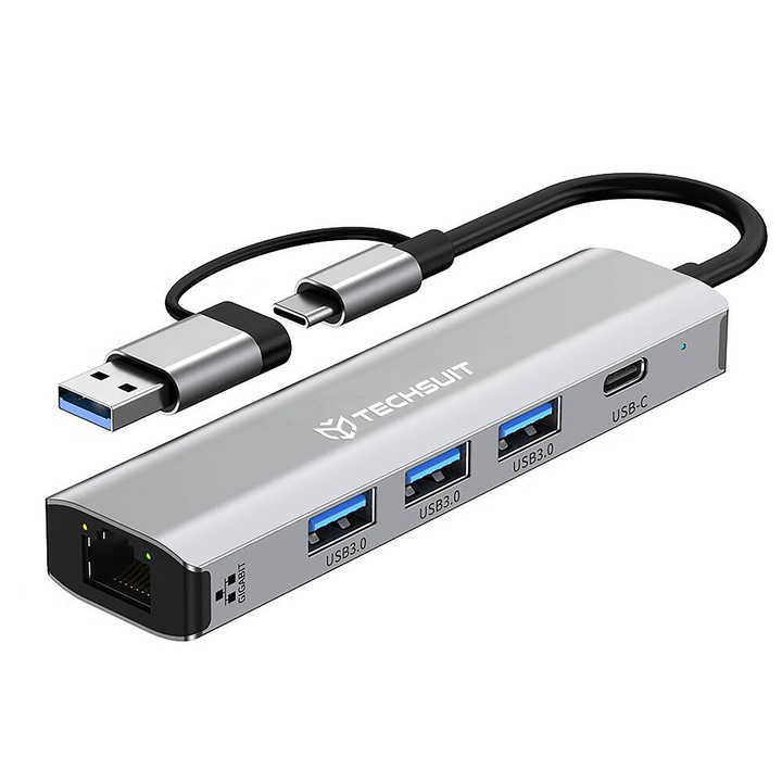 Мултипортов хъб, USB 3.0. USB-C към 3x USB, Type-C, Ethernet RJ45 1000Mbps - Techsuit BoostNetLink 5в2 (H3) - Сив