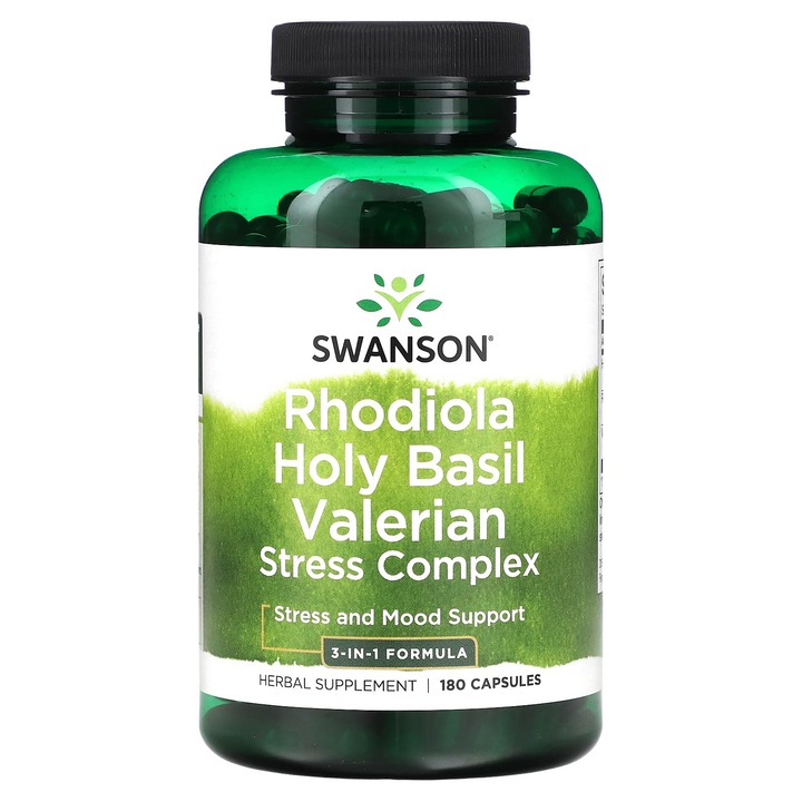 Supliment alimentar Swanson, Complex de stres Rhodiola Holy Basil Valerian, 180 capsule, suport pentru stres si relaxare