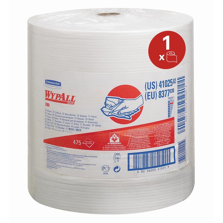 Lavete industriale, Kimberly-Clark, Wypall X80, 34x31.5 cm, alb, 475 portii/rola
