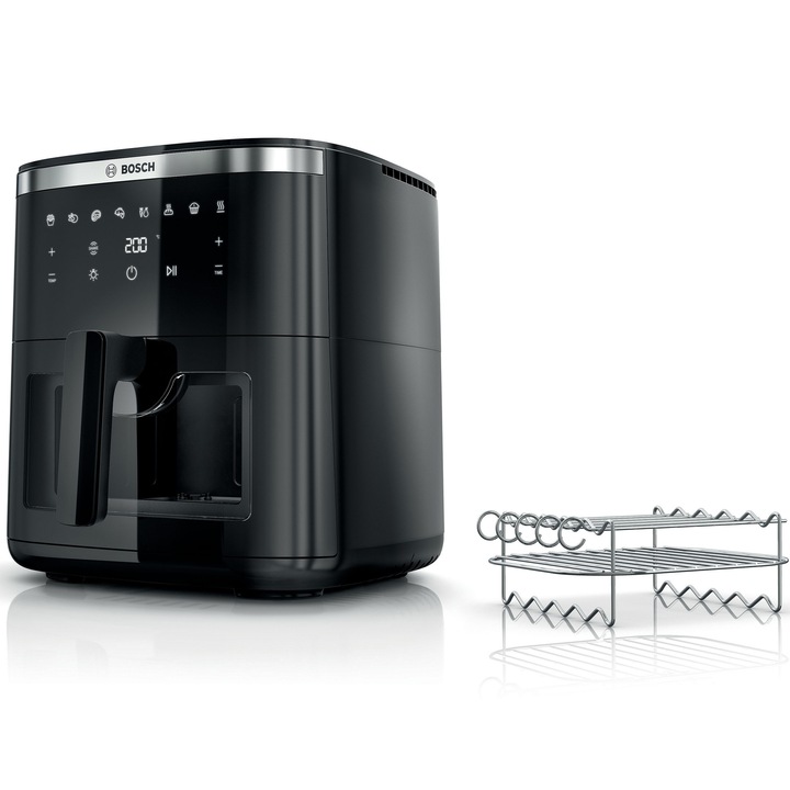 Фритюрник с горещ въздух Bosch MAF671B1, 1800W, 8 програми, Капацитет 7,2 л, Комплект грил, Сензорно управление, Дигитален дисплей, Лесно почистване, Прозорец за наблюдение, Черен