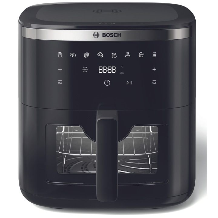 Friteuza cu aer cald Bosch MAF671B1, 1800W, 8 programe, Capacitate 7.2 l, set grill, Touch control, afisaj digital, curatare usoara, fereastra de monitorizare, Negru