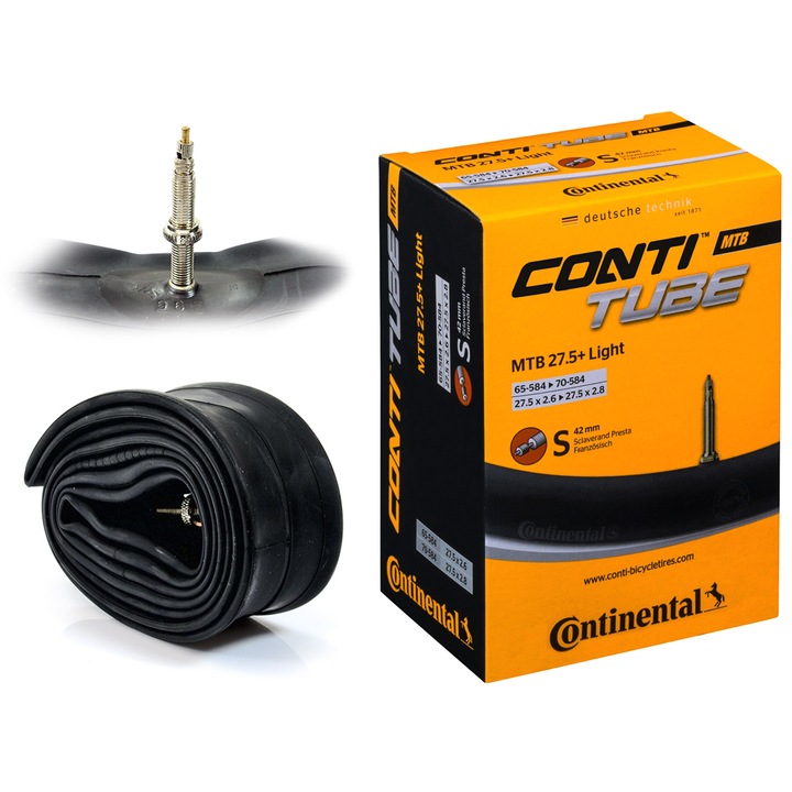 Вътрешна гума за планински велосипед Continental 27 "5" + LIGHT, вентил presta 42 мм, 65/70-584, съвместима с гуми 27 "5" x 2 "6" - 2 "8", лека вътрешна гума за планински велосипед