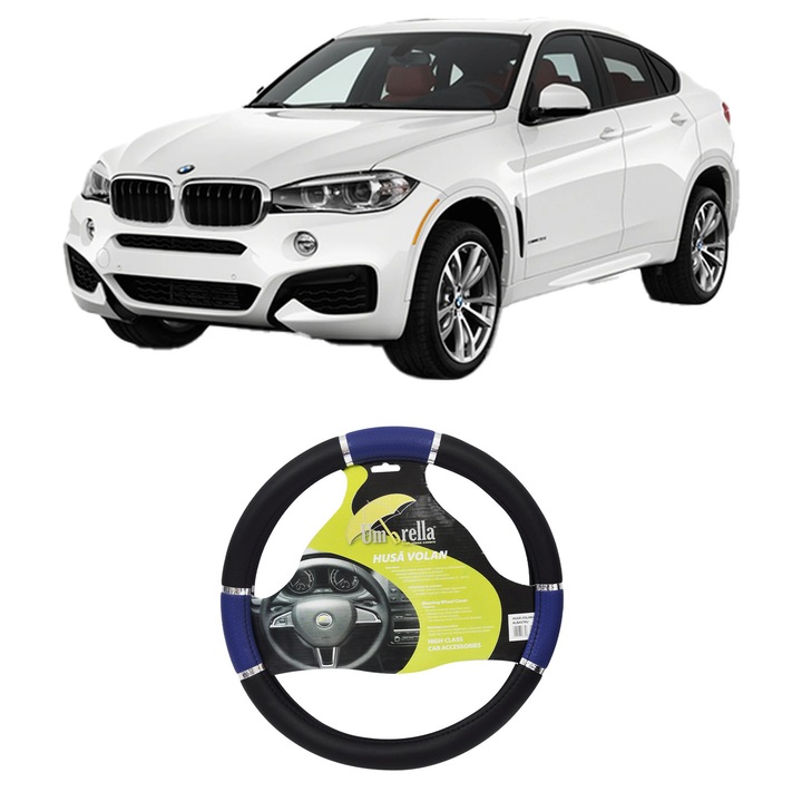 Husa Volan Auto Pentru Bmw X6 (F16, F86) Din 2014-2019, Piele Ecologica, Dimensiune 37-39 cm, Umbrella, Culoare Albastru