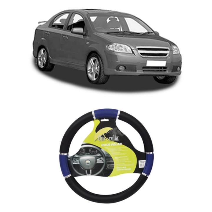 Husa Volan Auto Pentru Chevrolet Aveo / Kalos Hatchback (T250, T255) Din 2006-2012, Piele Ecologica, Dimensiune 37-39 cm, Umbrella, Culoare Albastru