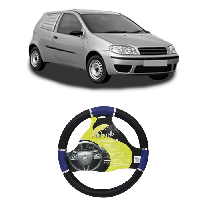 Husa Volan Auto Pentru Fiat Punto Hatchback Van (188_) Din 2000-2009, Piele Ecologica, Dimensiune 37-39 cm, Umbrella, Culoare Albastru